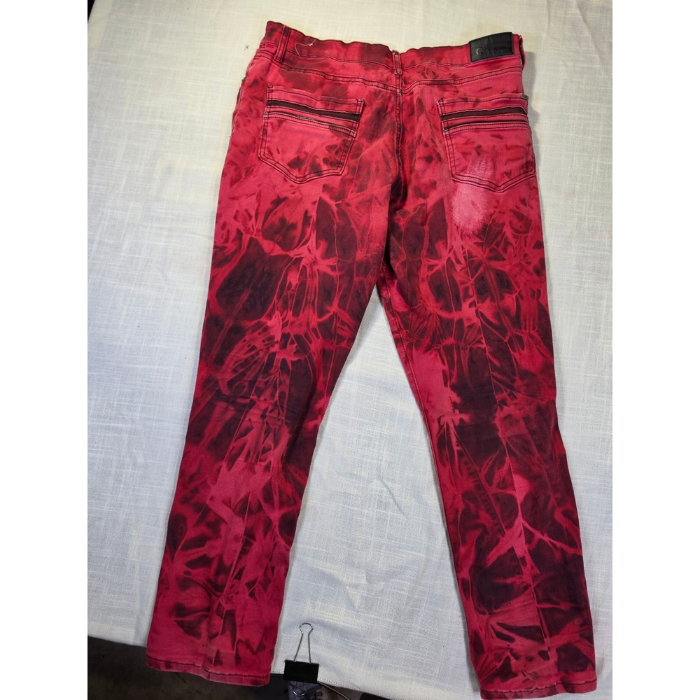Fried Denim Mens Red Black Tie Dye Slim Fit Jeans 38x32 Streetwear One of a Kind - Picture 4 of 5